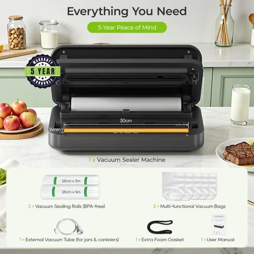 Miniatura 7 de Sellador al vacío, máquina selladora al vacío de alimentos de 90 Kpa con cortador integrado y almacenamiento de bolsas, conservación de alimentos