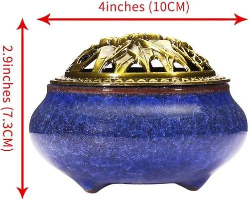 Miniatura 3 de Miupoo Quemador de incienso y soporte de incienso con soporte de palo de incienso de latón, atrapador de cenizas de cerámica (azul oscuro)