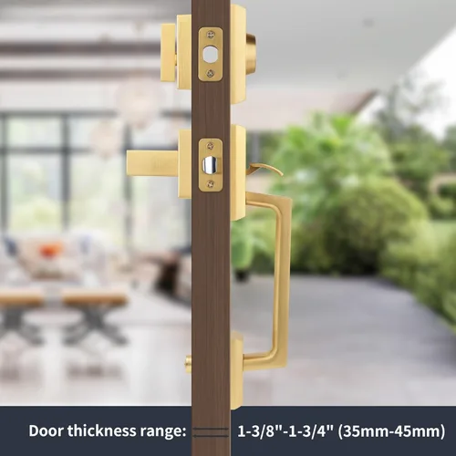 Miniatura 2 de Juego de manijas de puerta delantera de color dorado cepillado, juego de cerradura de puerta exterior con cerrojo de un solo cilindro, reversible