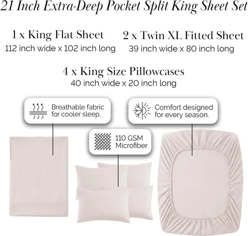 Miniatura 105 de Southshore Fine Living, Inc. Juego de 7 piezas de sábanas King divididas para cama ajustable, juego de sábanas King divididas con bolsillo de 21