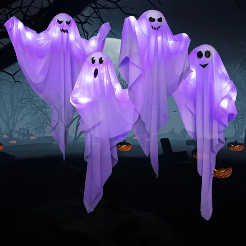 Miniatura 4 de Paquete de 4 fantasmas colgantes de Halloween con luces LED, decoraciones de fantasmas iluminados de 27.5 pulgadas para interiores y exteriores
