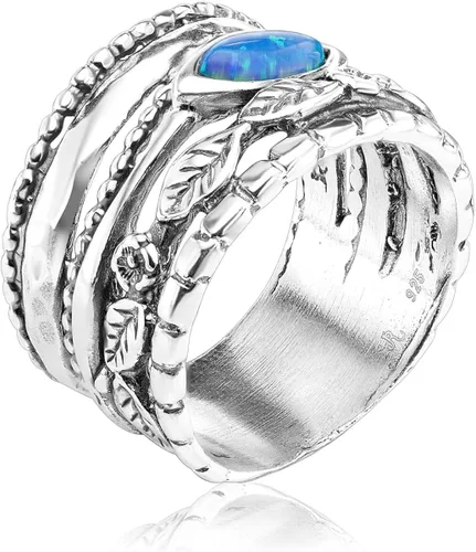 Anillo de plata de ley 925 con múltiples texturas, ópalo en forma de marquesa, aspecto vintage, hipoalergénico, sin níquel ni plomo, colección de