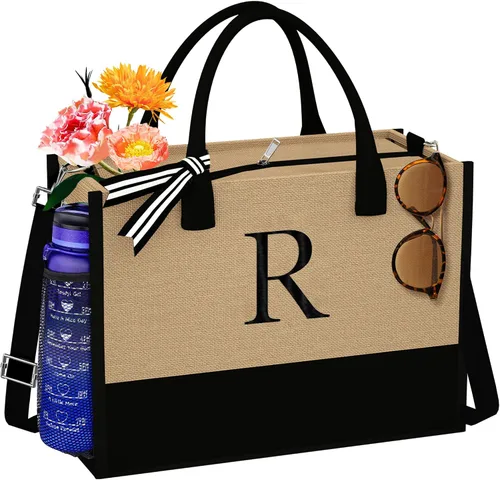 Bolsa de yute con inicial, bolsa de playa de arpillera, regalos de cumpleaños personalizados para mujeres, profesores, mamá, regalos de dama de honor