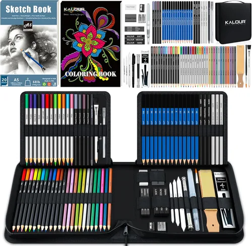 Miniatura 12 de KALOUR Juego de 76 lápices para dibujo y boceto - Suministros de arte profesional con cuaderno de bocetos y papel para acuarela - Incluye tutorial