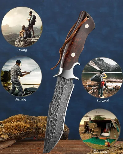 Miniatura 5 de Omeiso - Cuchillo de caza de acero de Damasco con funda de piel, 10.04'' de hoja completa Tang EDC, cuchillo de Damasco de acero para camping