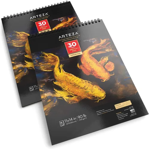Miniatura 2 de ARTEZA Cuaderno de bocetos en espiral de 11 x 14 pulgadas, bloc de dibujo de papel de arte negro, paquete de 2 unidades de 30 hojas para dibujar
