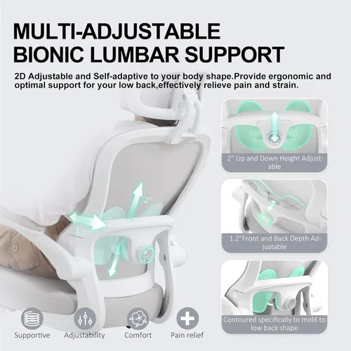 Miniatura 4 de Ergonomic Office Chair,Ultra Thick Office Desk Chair with Adjustable Lumbar Support and Headrest,Spring Cushion,Rocking Function,Flip-up arms,Mesh