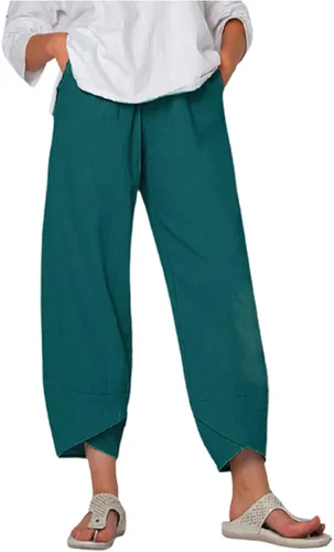 Miniatura 27 de Pantalones Capri de Lino de Algodón para Mujer 2025, Pantalones Palazzo Recortados Casuales con Estampado, Cintura Elástica, Pantalones Holgados