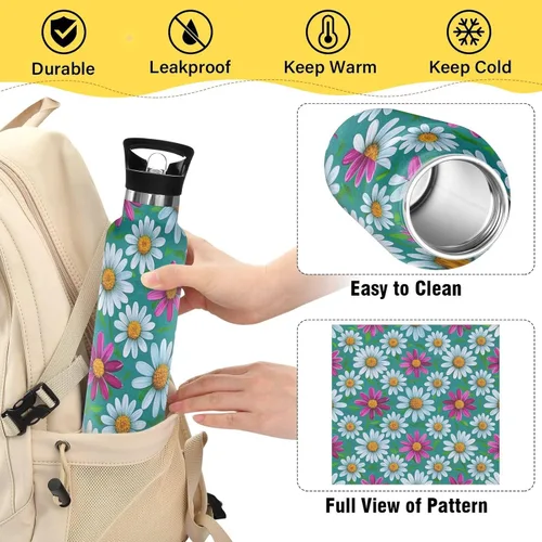 Miniatura 4 de Elegant Daisy Floral White Peach Leakproof and BPA Free Insulated Water Bottle with Handle Double-Wall Vacuum Insulation for Water, Milk, Juice