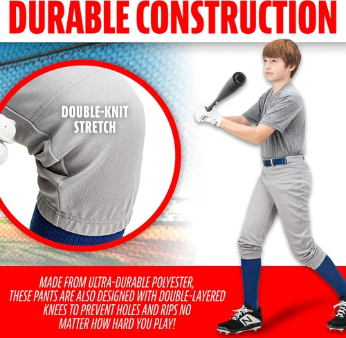 Miniatura 5 de Franklin Sports Pantalones de béisbol y sóftbol juveniles, hasta la rodilla + pantalones de béisbol de ajuste relajado para niños, color blanco