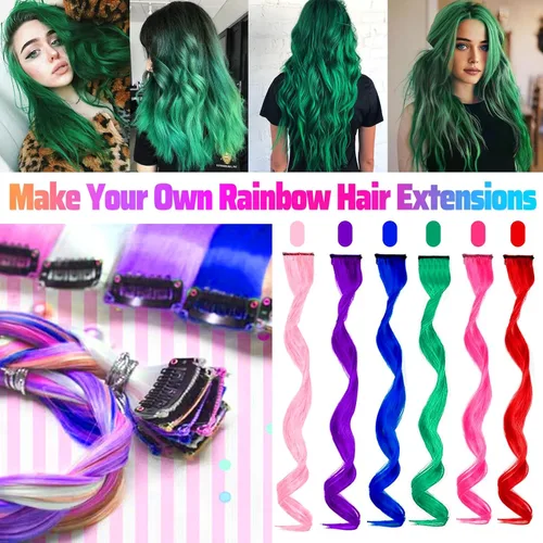 Miniatura 2 de 12 extensiones de cabello verde con clip, extensiones rizadas y onduladas de color para niños y niñas, extensiones sintéticas con reflejos