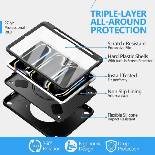 Miniatura 6 de Funda para iPad Pro 11 M5 2025/M4 2024: Funda protectora para iPad Pro de 11 pulgadas 5ª generación con protector de pantalla, soporte, asa y correa
