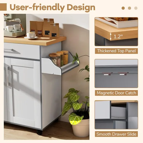 Miniatura 6 de HAPPYGRILL Carrito de cocina con ruedas para isla de cocina, carrito de almacenamiento de cocina con estante ajustable, cajón, estante