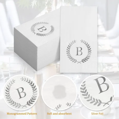 Miniatura 4 de Paquete de 200 servilletas desechables con monograma de papel de aluminio plateado con letra B, toallas de papel desechables para boda, compromiso