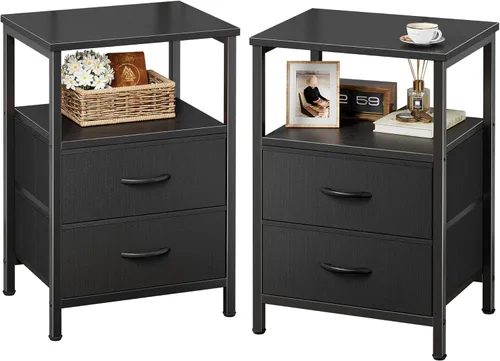 Miniatura 19 de Huuger Mesita de noche con 2 cajones, mesa auxiliar de cama con estante abierto, parte superior de madera, mesita de noche para dormitorio, mesa