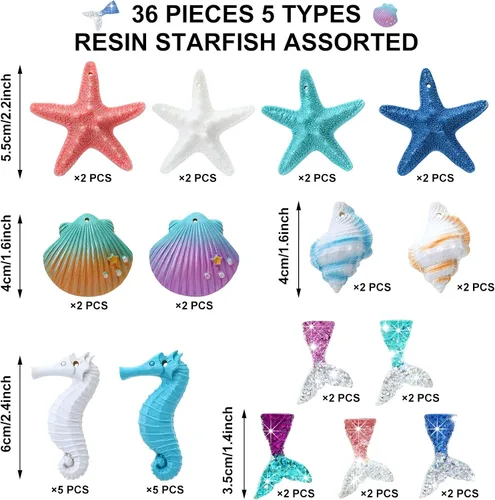 Miniatura 2 de Yerliker Juego de 36 adornos de verano para árbol costero de playa, estrella de mar, concha, sirena, temática del océano, decoración colgante