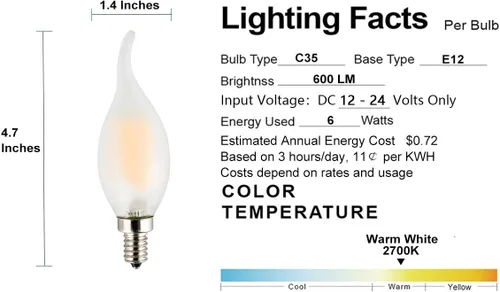 Miniatura 3 de Bombilla LED de bajo voltaje de 12 voltios, CA/CC 12 V, 6 W 600 Lm, regulable, luz blanca cálida, base pequeña E12, punta de llama de vidrio