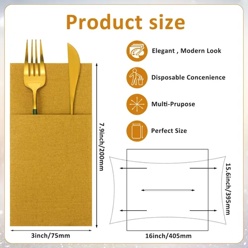 Miniatura 2 de Cindeer 75 piezas de servilletas doradas de lino con sensación de cena, con bolsillo plano incorporado para cubiertos, preplegadas, servilletas