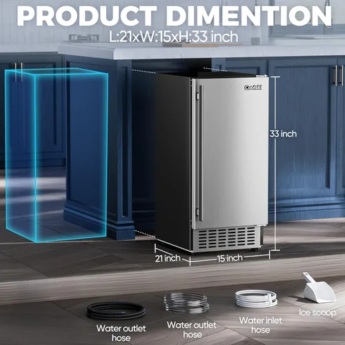 Miniatura 2 de Coolski Máquina de Hielo Comercial Bajo Mostrador de 15" de Ancho, 80 LBS/Día de Acero Inoxidable Incorporada e Independiente con Filtro de Agua