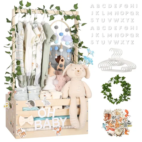 Miniatura 12 de Cesta de regalo para baby shower, caja de madera, letras de madera personalizadas y perchas para ropa recién nacido, regalos para bebés, niñas