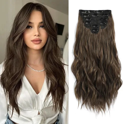 Miniatura 38 de Fliace Extensiones de cabello con clip para mujer, extensiones de cabello ondulado largo de color marrón medio, extensiones de cabello sintético