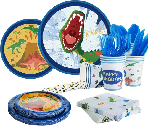 Juego de vajilla de fiesta de dinosaurio, suministros para fiesta de cumpleaños con temática de dinosaurio trex para niños, incluye platos