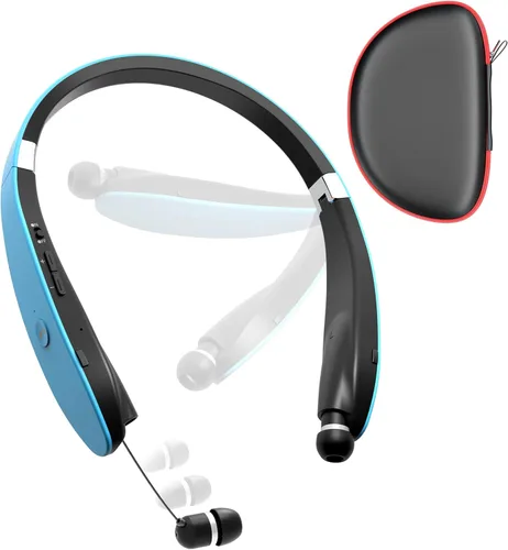 Auriculares Bluetooth con banda para el cuello, auriculares inalámbricos ligeros plegables con auriculares retráctiles, cancelación de ruido, Azul