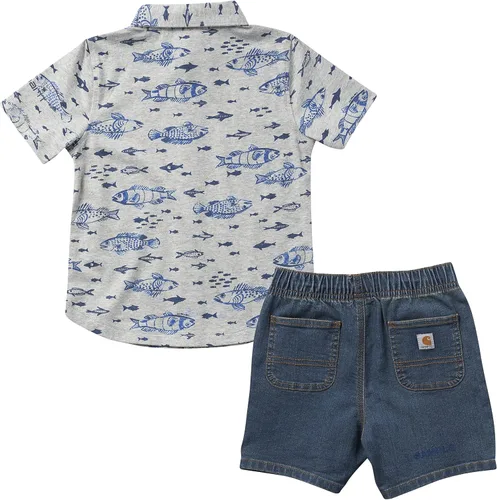 Miniatura 2 de Carhartt Conjunto de camisa de manga corta con estampado de peces y pantalones cortos de mezclilla para bebés