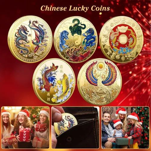 Miniatura 7 de 5 piezas de monedas de la suerte chinas de dragón chino y fénix monedas del zodiaco de bestias milíticas antiguas para oficina, colección
