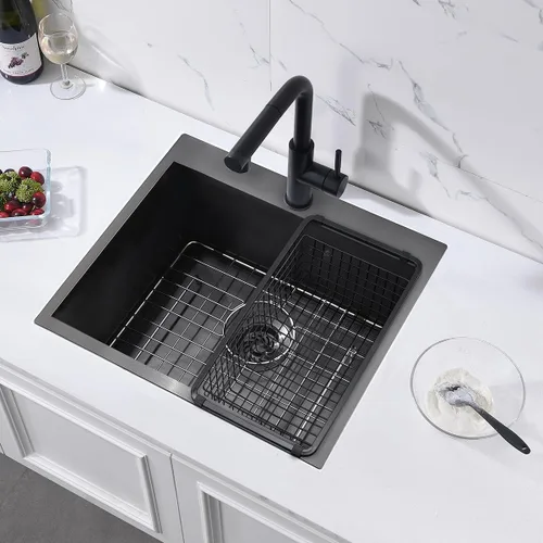Miniatura 3 de Fregadero de cocina negro 21 x 18 x 10 pulgadas, calibre 16 T304, fregadero de cocina pequeño, acero inoxidable negro, para preparación al aire