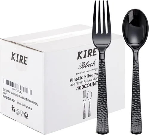Miniatura 6 de KIRE 400 piezas cucharas y tenedores de plástico negro desechables - Juego de cubiertos de plástico negro desechables - 200 tenedores, 200 cucharas
