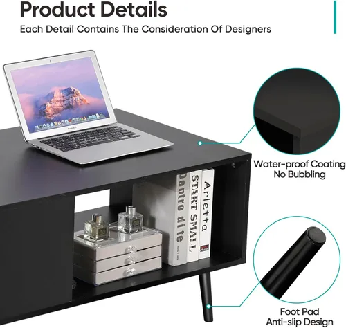 Miniatura 5 de SUPER DEAL Mesa auxiliar de 2 niveles para sala de estar, mesa central rectangular de 40 pulgadas con estante de almacenamiento abierto, mesa