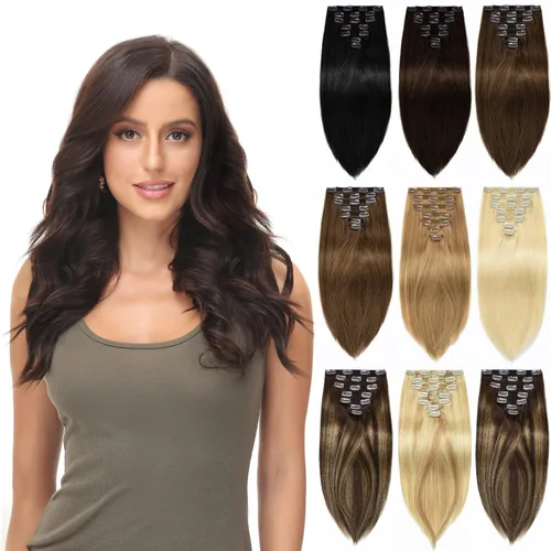 Miniatura 9 de Rose bud REMY - Extensiones de cabello humano con broches, 18 clips, 14 pulgadas, color rubio oscuro, 8 unidades, 2.42 onzas 27# Rubio oscuro