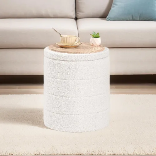 Miniatura 2 de Otomana redonda Boucle de almacenamiento, taburete otomano de tela de peluche Sherpa con tapa de bandeja reversible, reposapiés plegable