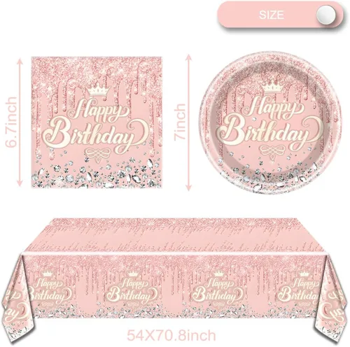 Miniatura 2 de Juego de vajilla de fiesta rosado oro rosa, tema de feliz cumpleaños rosado, 20 platos y 20 servilletas y manteles de 71'' x 42'' para niñas