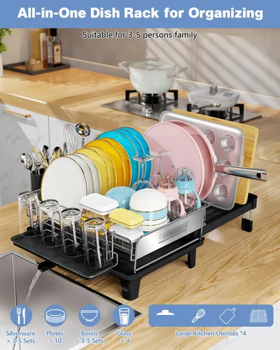 Miniatura 6 de Escurridor de platos expandible para encimera de cocina, acero inoxidable 304, placa retráctil abatible, ajustable multidireccional, estante