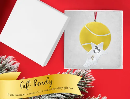 Miniatura 3 de Adorno de Navidad personalizado de tenis 2025 Adorno de pelota de tenis con zapatillas y estrella para árbol de Navidad Regalo de recuerdo único