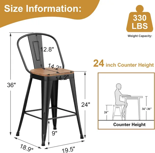 Miniatura 2 de Yongchuang Juego de 4 taburetes de bar de 24 pulgadas, de metal negro, altura de mostrador, con respaldo alto, asiento de madera grande, sillas