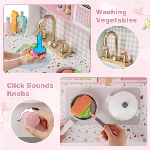 Miniatura 5 de INFANS Juego de cocina para niños, juego de cocina de madera para niños pequeños, juego de juguetes de cocina con cafetera, máquina de hielo, Rosa