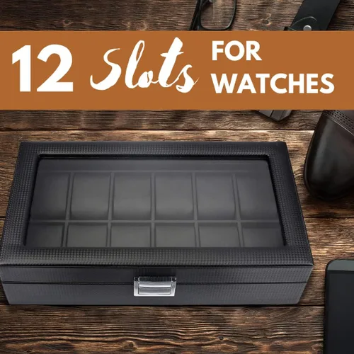 Miniatura 4 de Mantello Caja de reloj 12 ranuras para hombres Caja de reloj con tapa de cristal grande Organizador de caja de reloj para hombre (negro)