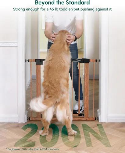 Miniatura 2 de Babelio Puerta de metal para bebés de 29 a 48 pulgadas con patrón de madera marrón, puerta de perro de cierre automático PressGuard P7 para la casa
