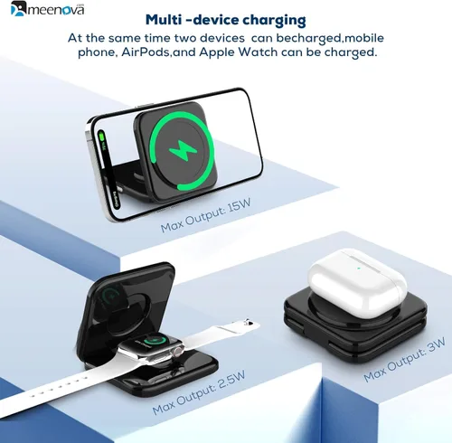 Miniatura 2 de Meenova Cargador inalámbrico plegable 3 en 1 compatible con MagSafe, Apple iPhone 15 14 13 12, reloj, AirPods, ligero portátil, fuerte atracción