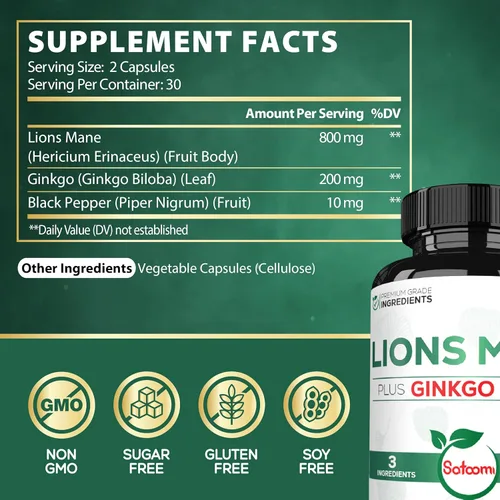 Miniatura 2 de Satoomi Suplemento de melena de león con ginkgo biloba, 60 cápsulas, extra fuerte para una mente reparadora, salud cerebral, sistema inmunológico