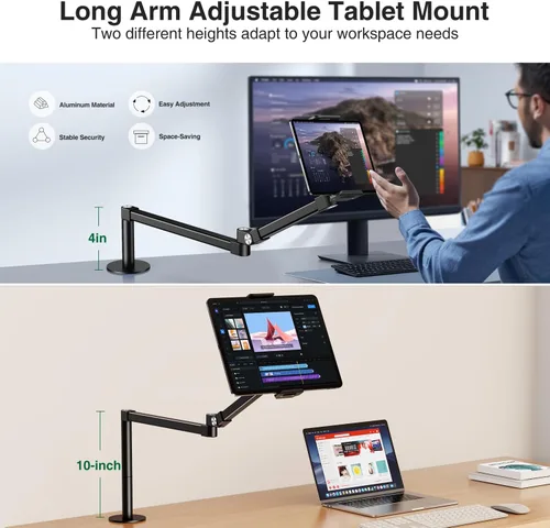 Miniatura 3 de elitehood Soporte de escritorio para iPad de brazo largo con base de montaje con ojales, soporte de aluminio resistente para tableta, soporte