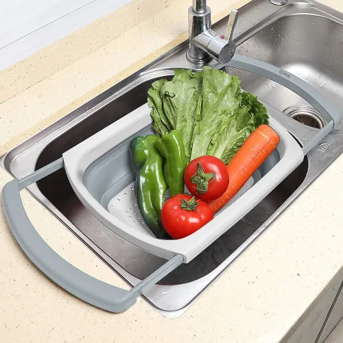 Miniatura 5 de Qimh Colador Plegable Coladores y Escurridores de Silicona para Cocina Sobre el Fregadero con Asas Extensibles Colador Plegable para Verduras