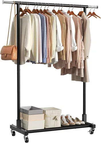 Miniatura 11 de Luxspire Perchero de doble barra para colgar ropa, perchero con ganchos laterales, estantes inferiores, ruedas de 360°, percheros para dormitorio