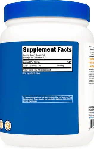 Miniatura 5 de Nutricost Acetil L-carnitina (ALCAR) 17.64 oz - 1000 mg por porción - Polvo de acetil puro L-carnitina