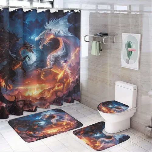 Miniatura 9 de Juego de 4 cortinas de ducha con diseño de dragón y luna de fantasía, juego de decoración de baño con alfombras, tapete de baño, cortina de ducha