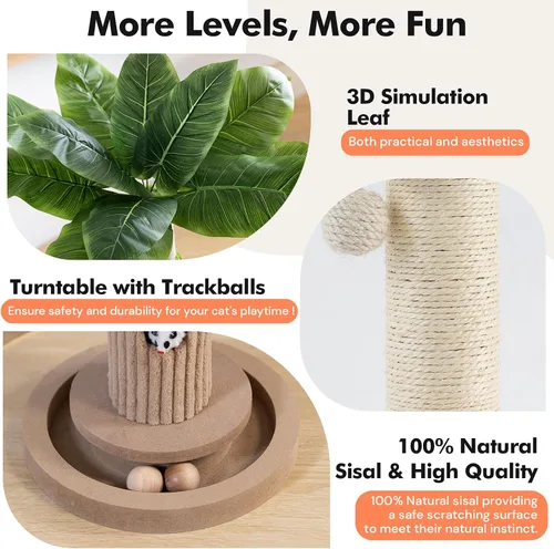 Miniatura 3 de WOOCHPET Rascador para gatos de interior de 35 pulgadas de alto, rascador de sisal para gatos con juguete de ratón y bolas de pista, base de madera