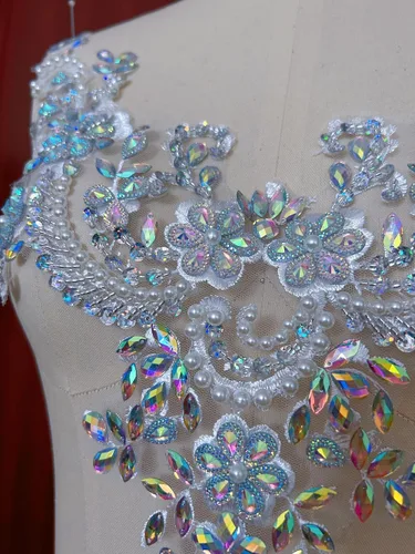 Miniatura 3 de Parches de encaje con flores y cuentas de perlas, apliques de strass para coser en ropa, cuello (AB)